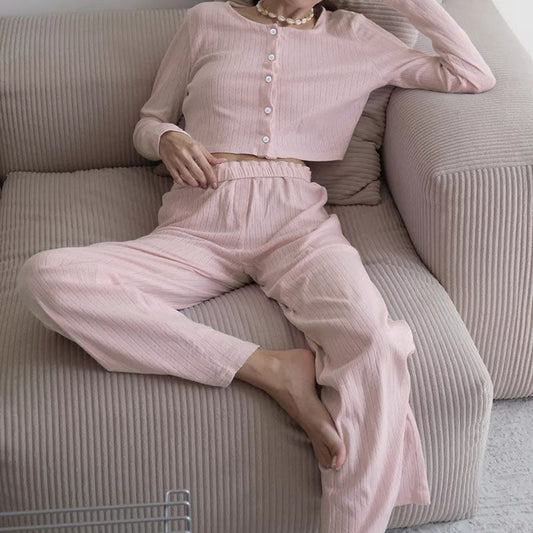 Solid Color Knit Long Sleeve Sleepwear Set
