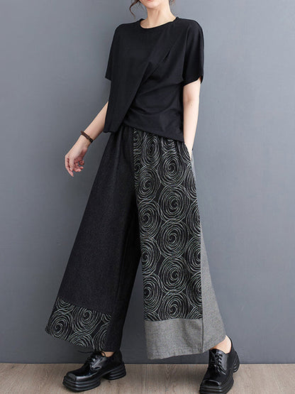 High Waisted Loose Asymmetric Elasticity Printed Split-Joint Jean Pants Bottoms