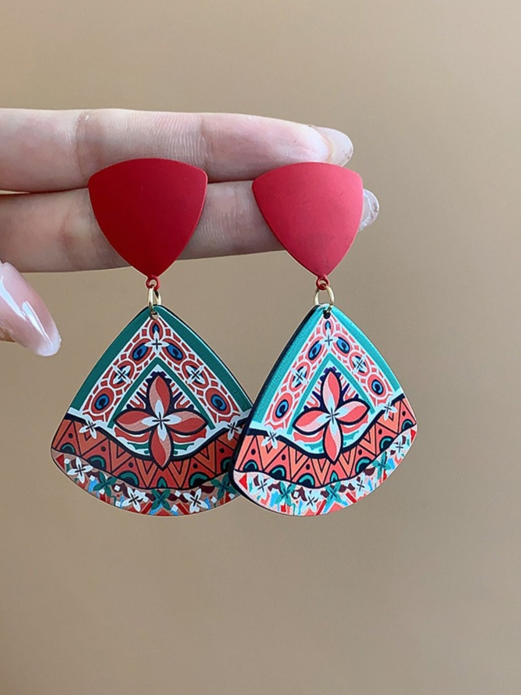 Earwish - Triangle Print Dangle Earrings with Retro Boho Style