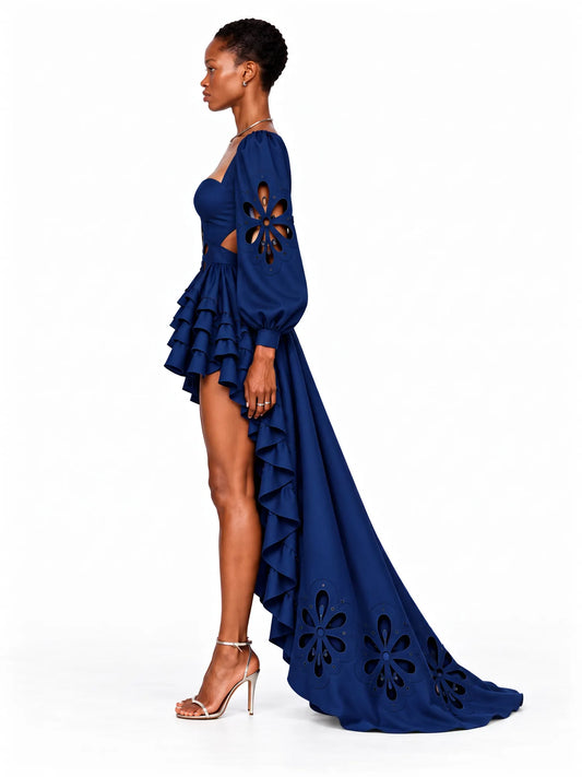 Maya Floral Cutout Detail Puff Sleeve Maxi Dress In Navy