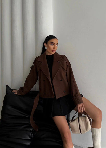 Cropped Wool Blend Belted Trench Jacket