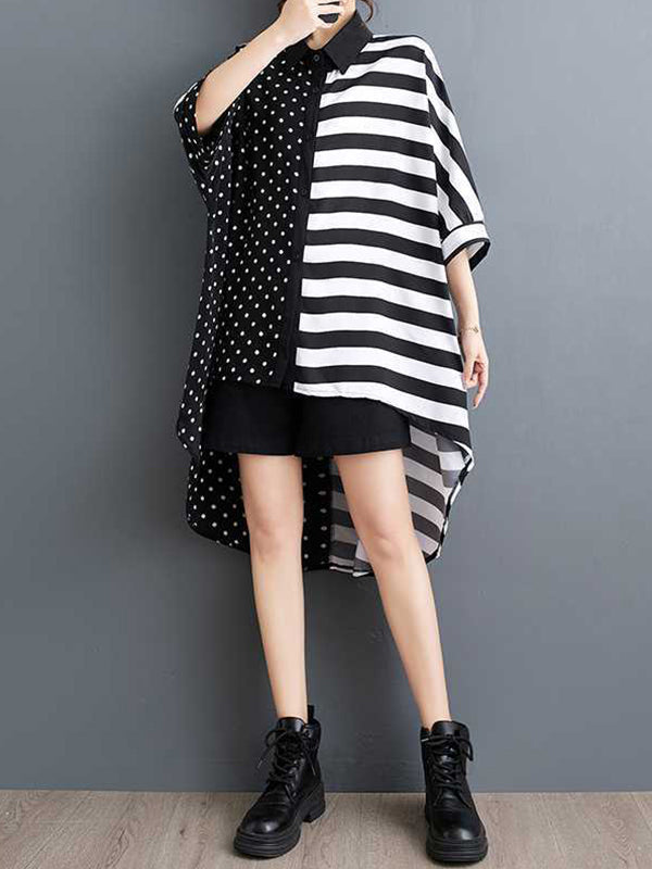 Batwing Sleeves Half Sleeves Buttoned Polka-Dot Striped Lapel Blouses&Shirts Tops