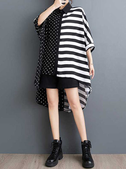 Batwing Sleeves Half Sleeves Buttoned Polka-Dot Striped Lapel Blouses&Shirts Tops