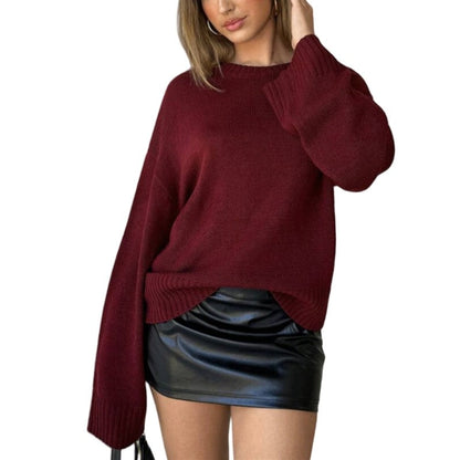 Loose Solid Color Round Neck Long Sleeve Sweater