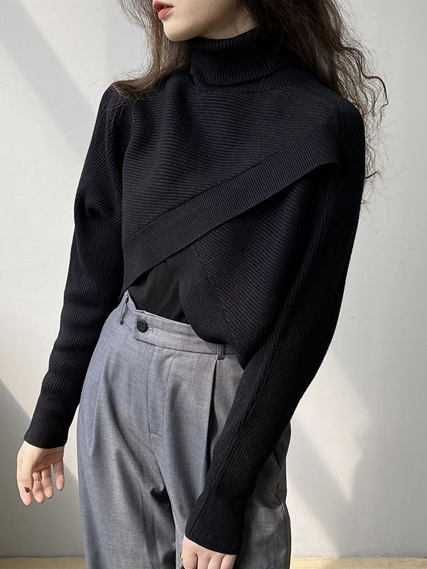 Stylish 4 Colors Knitting High-Neck Asymmetric Split-Front Sweater