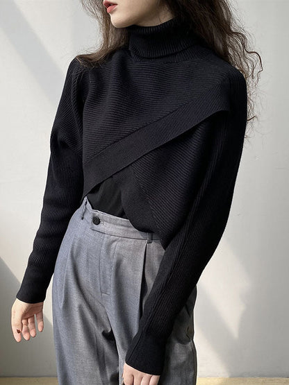 Stylish 4 Colors Knitting High-Neck Asymmetric Split-Front Sweater