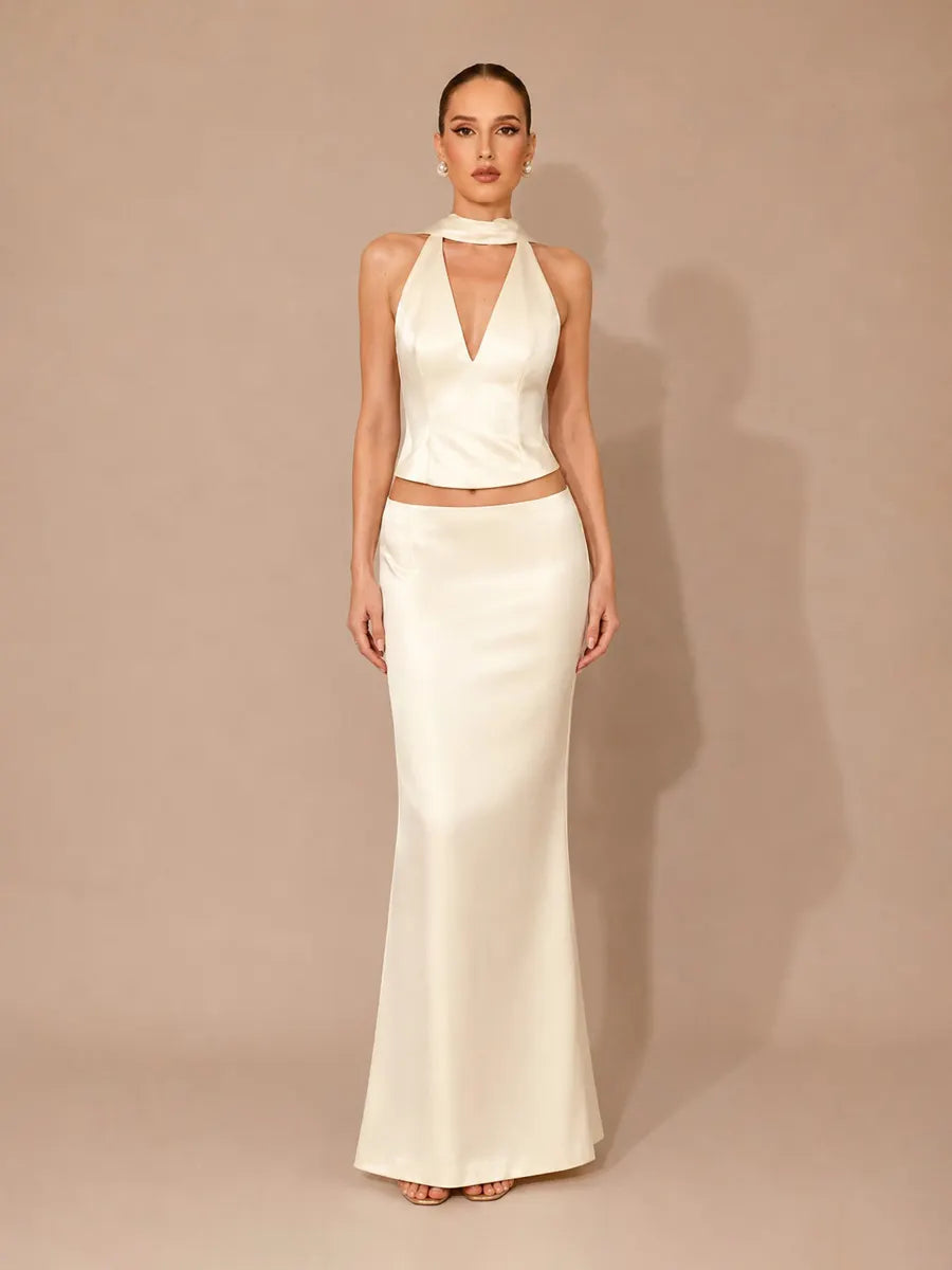 Kalista Satin Halter-Neck Open-Back Top + Maxi Skirt Set