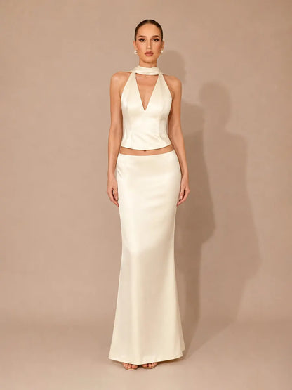 Kalista Satin Halter-Neck Open-Back Top + Maxi Skirt Set