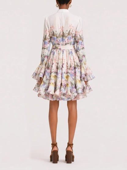 Ivy Long-Sleeve Printed Linen Mini Dress
