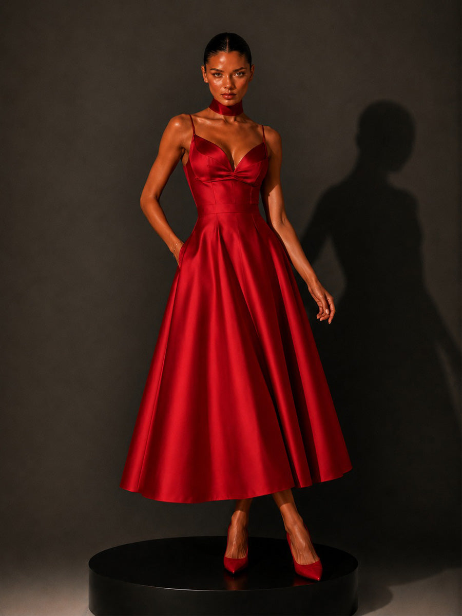 Ruby Retro-Elegant V-Neck Midi Dress In Red
