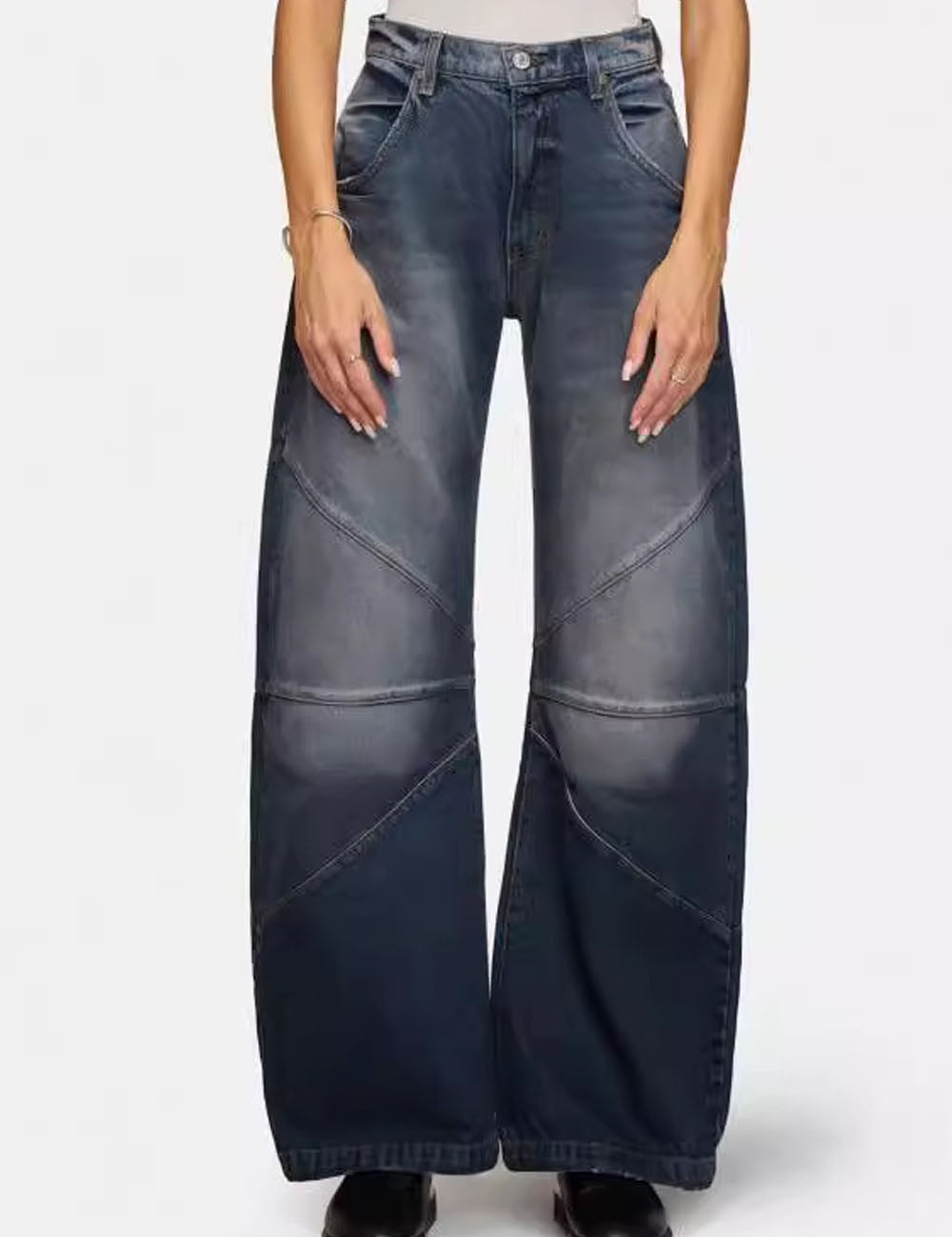 Trendy Pleated Splice Straight Leg Baggy Jeans