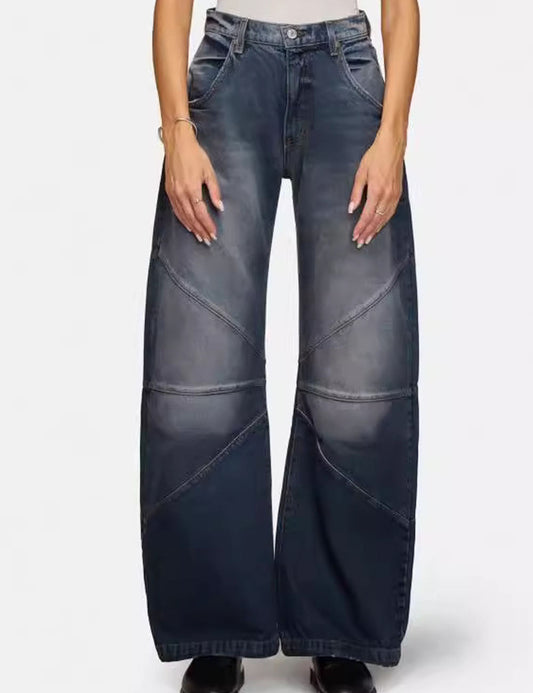 Trendy Pleated Splice Straight Leg Baggy Jeans