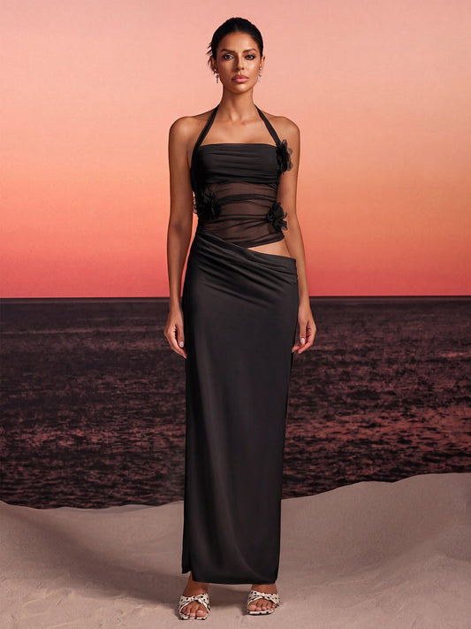 Ashlyn alterneck Flower Maxi Dress In Black