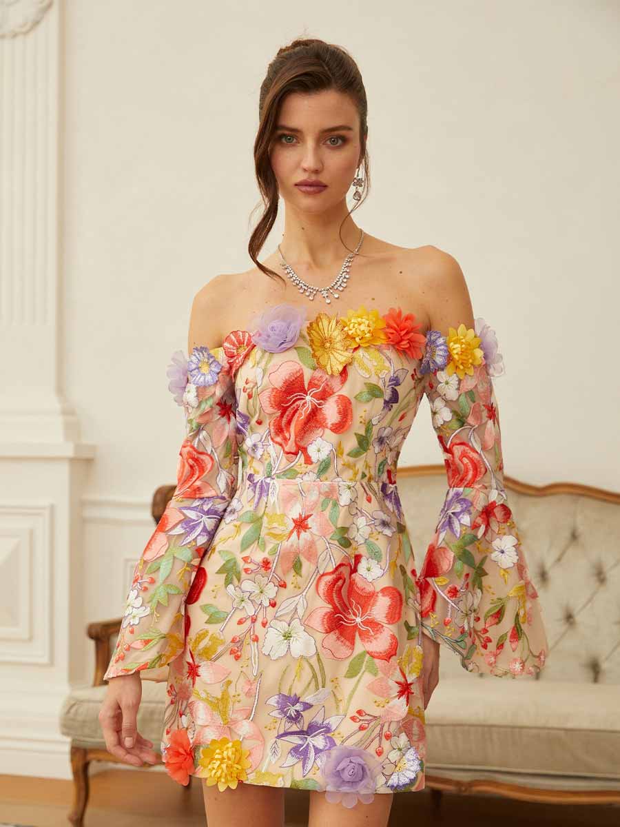 Celeste Floral Embroidered Tulle Mini Dress