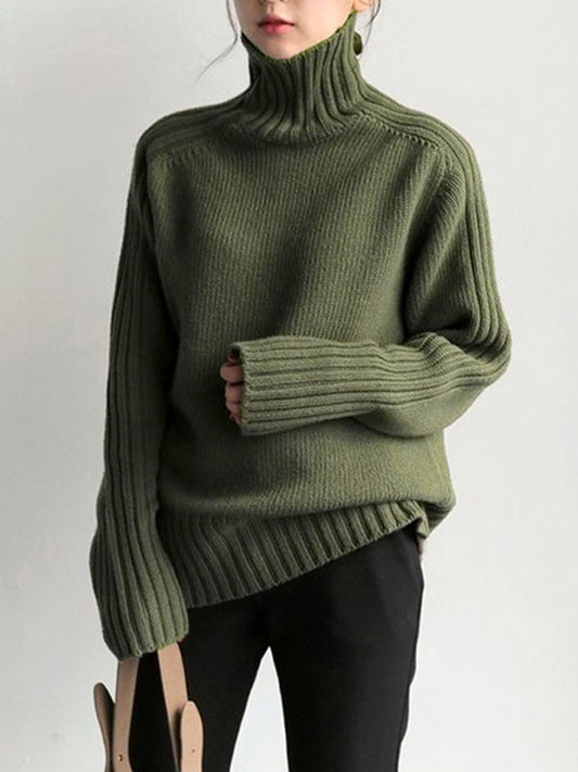 Loose Long Sleeves Solid Color High-Neck Sweater Tops