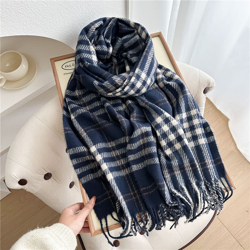 Color Block Plaid Fringe Scarf