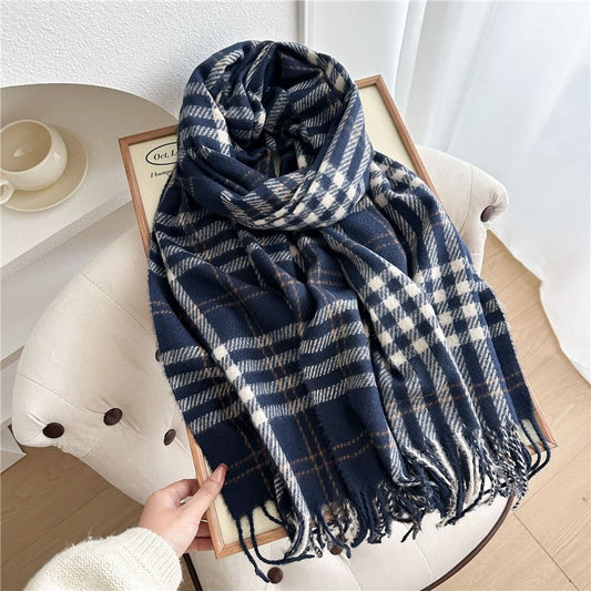 Color Block Plaid Fringe Scarf