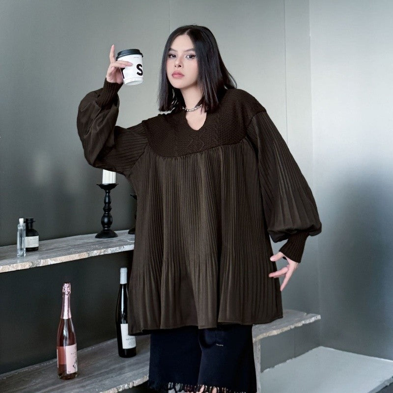 Pleated And Patchwork Knitted Sweater