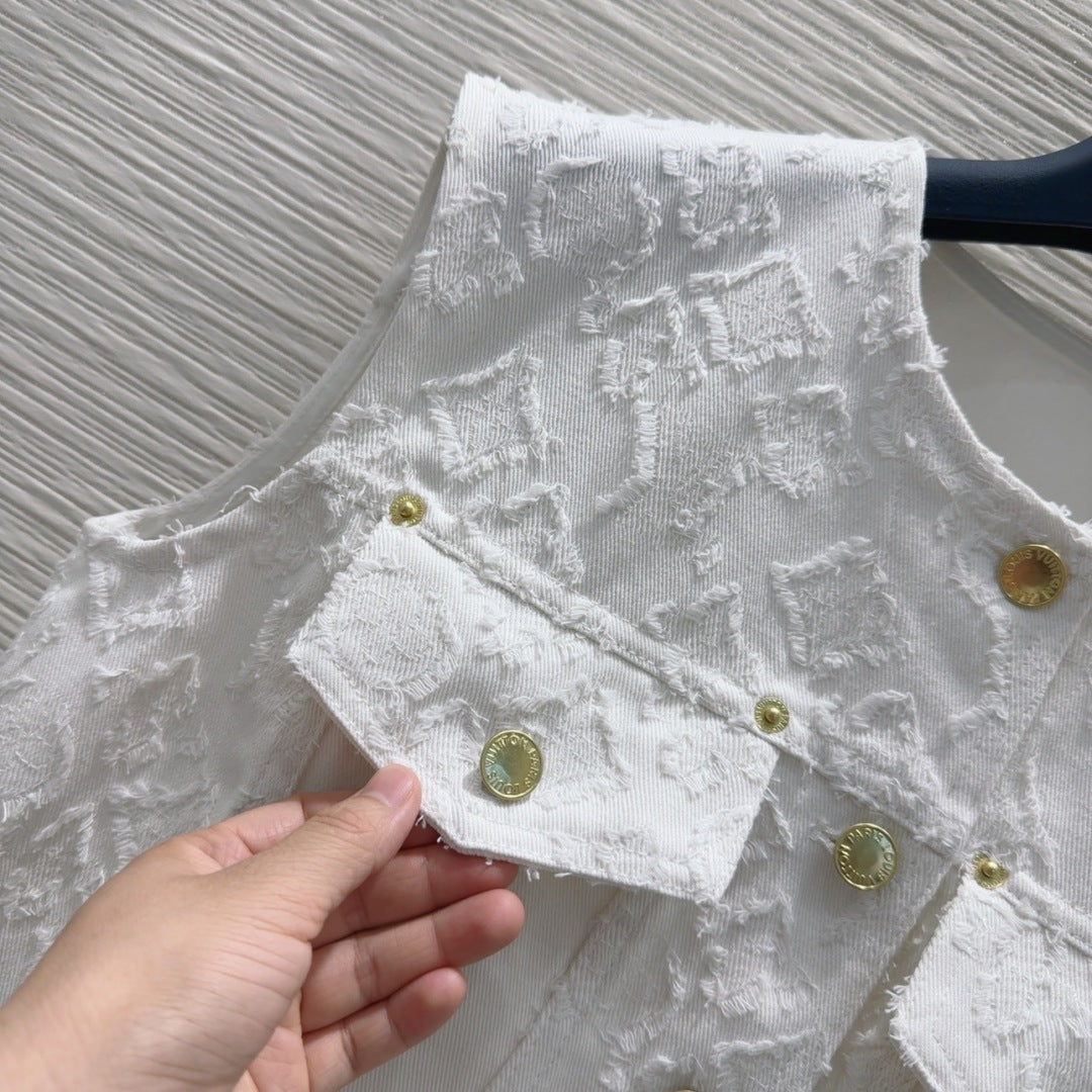 LV 25S Monograw Jacquard Fabric Vest Jacket White Cotton