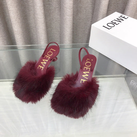 Loewe 25SS Fur-lined Mule 60 Burgundy in Fox Fur 597437