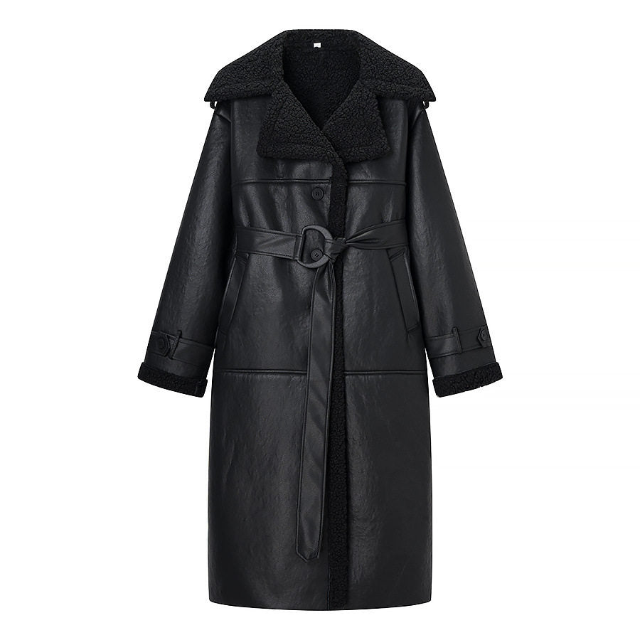 Long Fur Leather Belted Coat