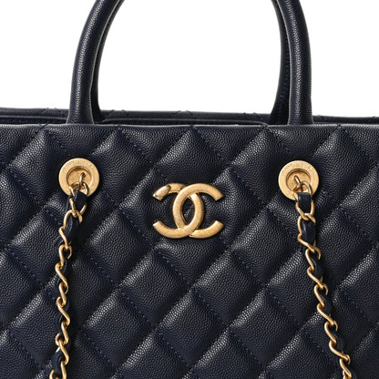Caviar Quilted Large Coco Handle Shopping Tote Navy