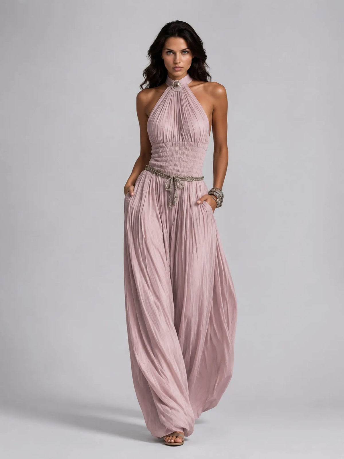 Taylor Pleated Halter-Neck Wide-Leg Jumpsuit