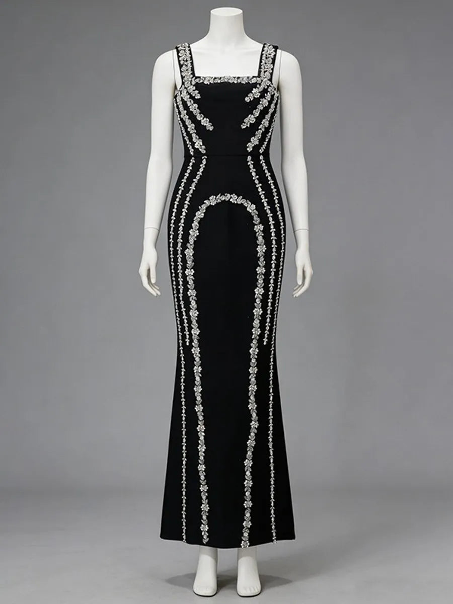 Bianca Elegant Strappy Rhinestone Fishtail Maxi Dress