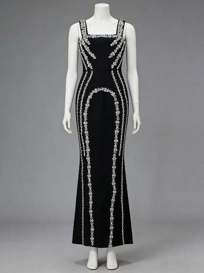 Bianca Elegant Strappy Rhinestone Fishtail Maxi Dress
