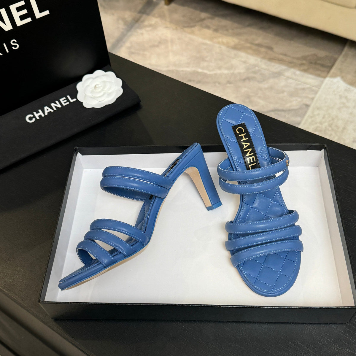 CC 26C Double C Strap Sandals Blue Sheepskin
