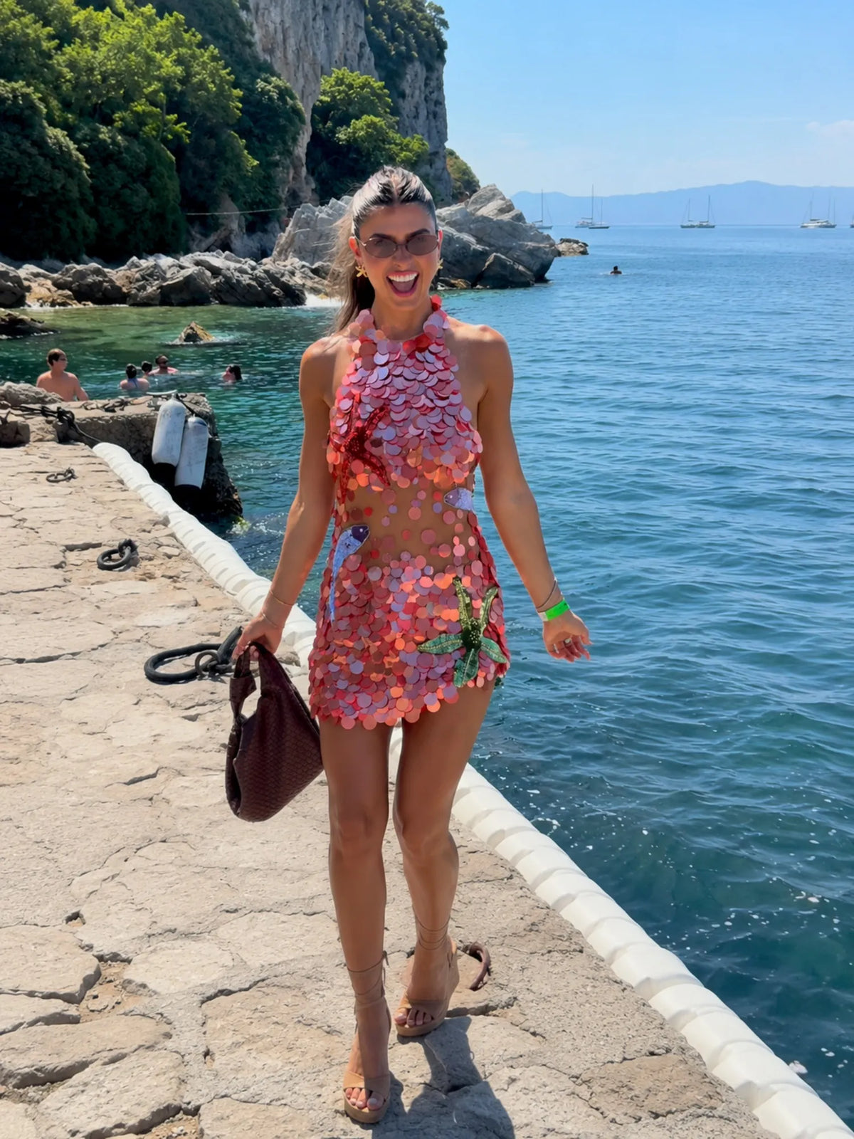 Maris Marine Sequin Mini Dress in Coral