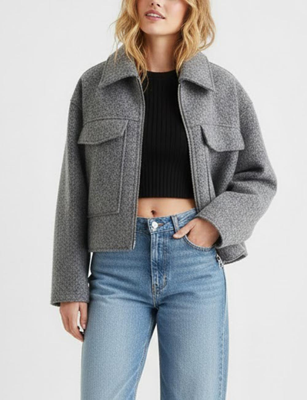 Lapel Zipper Pocket Casual Short Jacket