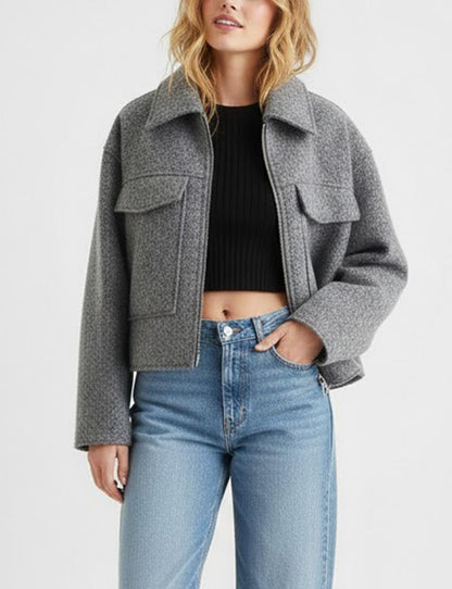 Lapel Zipper Pocket Casual Short Jacket