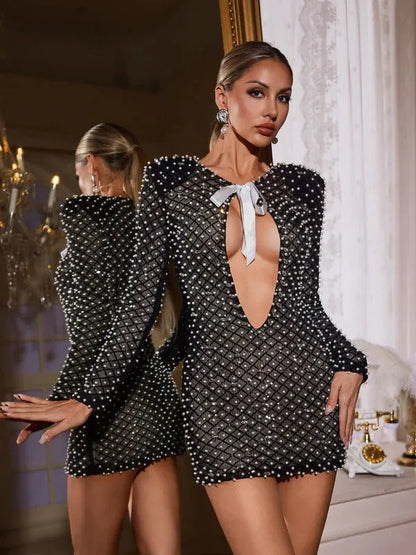 Aarnay Rhinestone Bow Pearl Mini Dress