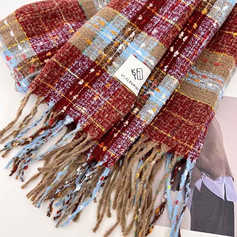 Christmas Warm Color Block Plaid Tassel Scarf