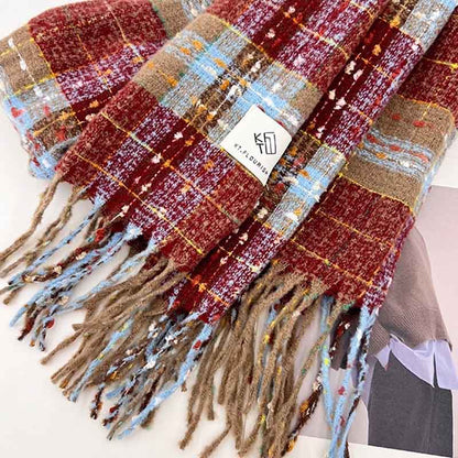 Christmas Warm Color Block Plaid Tassel Scarf