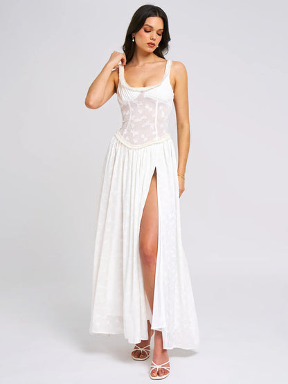 Lace Maxi Dress With Square Neckline And Slit