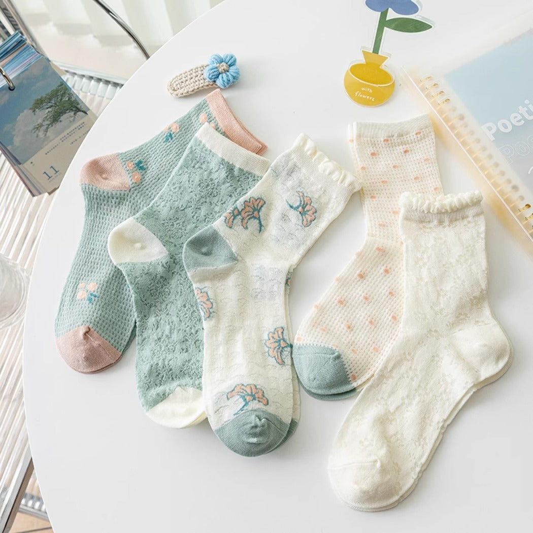 Rufia - Delicate Floral Mid-Calf Mesh Socks -Thin &amp; Breathable