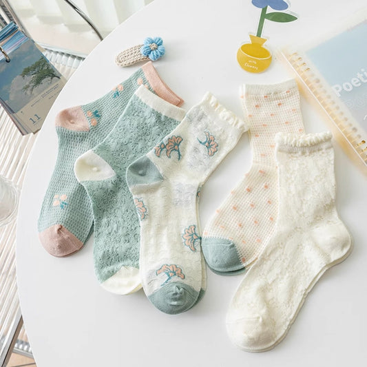 Rufia - Delicate Floral Mid-Calf Mesh Socks -Thin &amp; Breathable