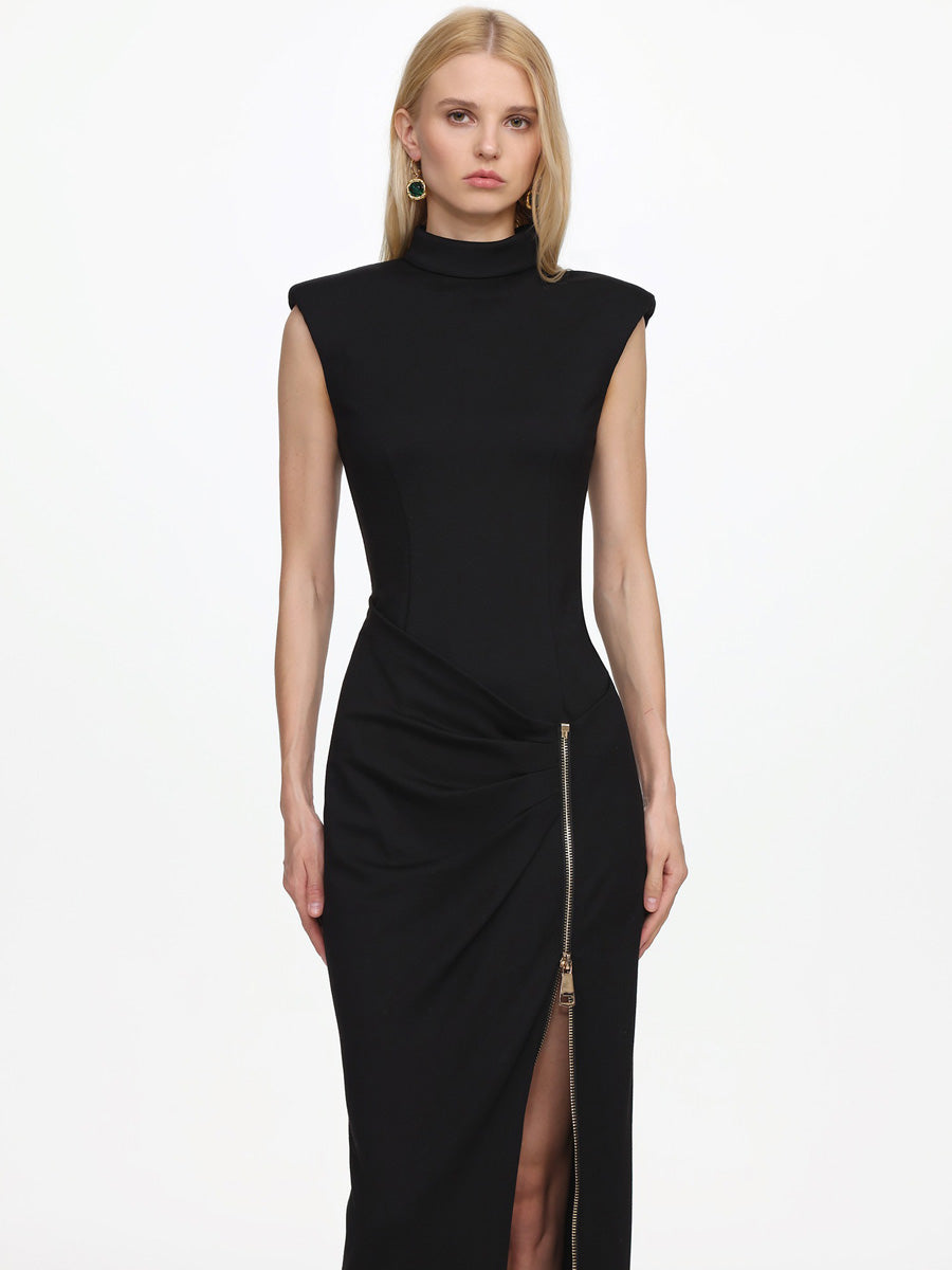 Nora Sleeveless Pleated Zipper High Slit Maxi Dress