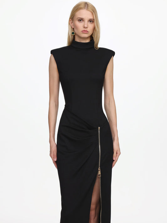 Nora Sleeveless Pleated Zipper High Slit Maxi Dress
