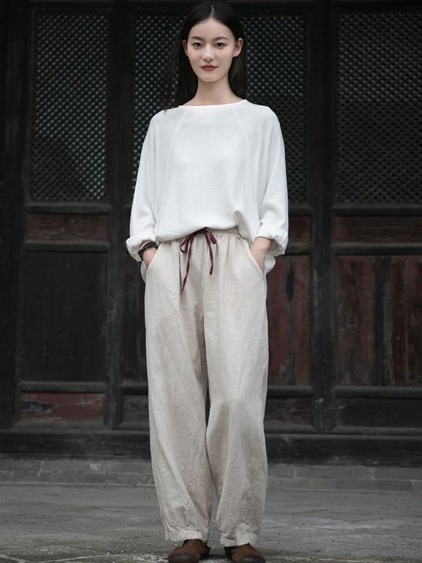 Simple Ramie Cotton Elasticity Waist Loose Knickerbockers&Capri-Pants