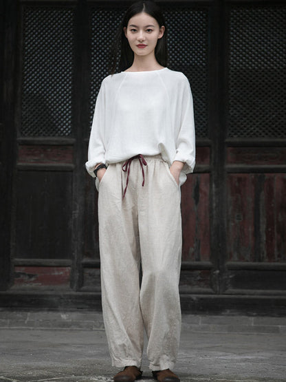 Simple Ramie Cotton Elasticity Waist Loose Knickerbockers&Capri-Pants