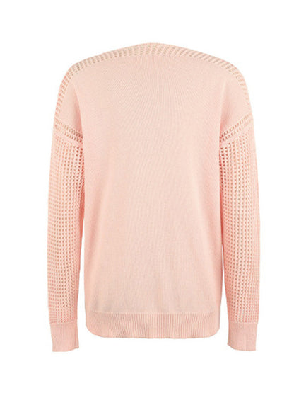 Long Sleeves Loose Hollow Solid Color V-Neck Sweater Tops