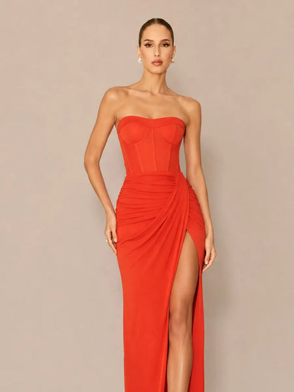 Calista Minimalist Strapless Maxi Dress with Slit