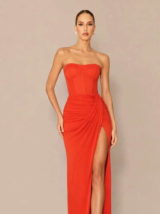 Calista Minimalist Strapless Maxi Dress with Slit