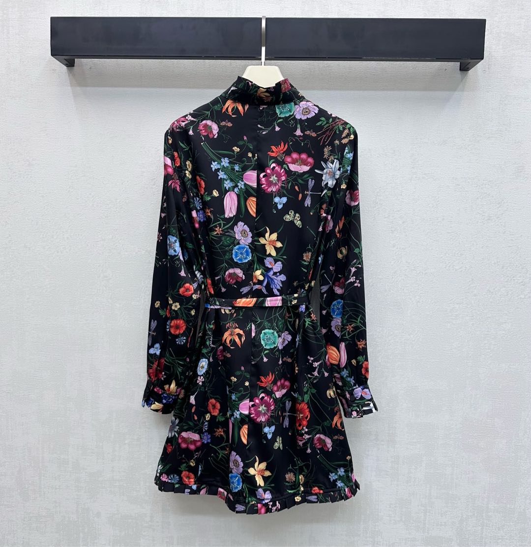 GG SS26 Flora Print Mini Dress Black Multicolor Silk 351771
