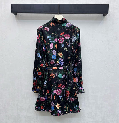 GG SS26 Flora Print Mini Dress Black Multicolor Silk 351771