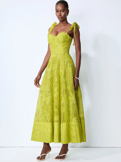 Ariana Romance Green Floral Lace Bow Strap Maxi Dress