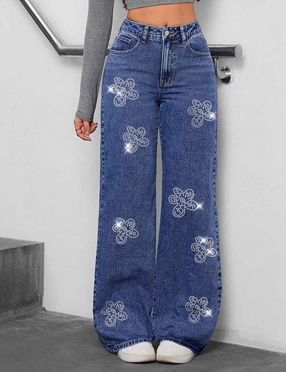 Sparking Rhinestone Flower Straight Leg Baggy Jeans